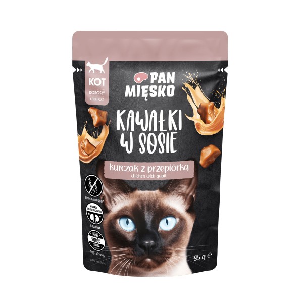 Karma mokra dla kota kawałki w sosie kurczak z przepiórką 85g PAN MIĘSKO