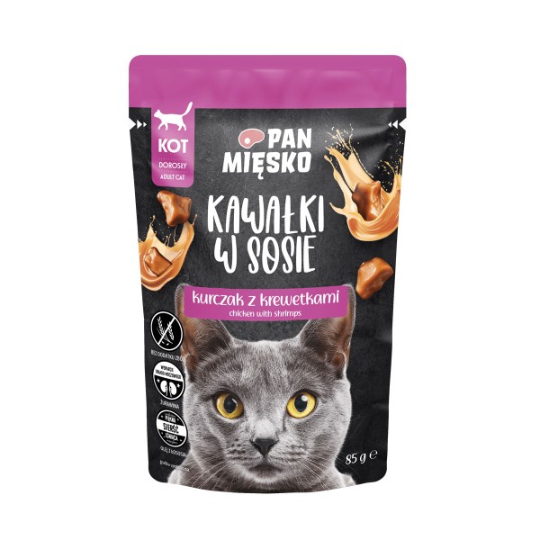 Karma mokra dla kota kawałki w sosie kurczak z krewetkami 85g PAN MIĘSKO