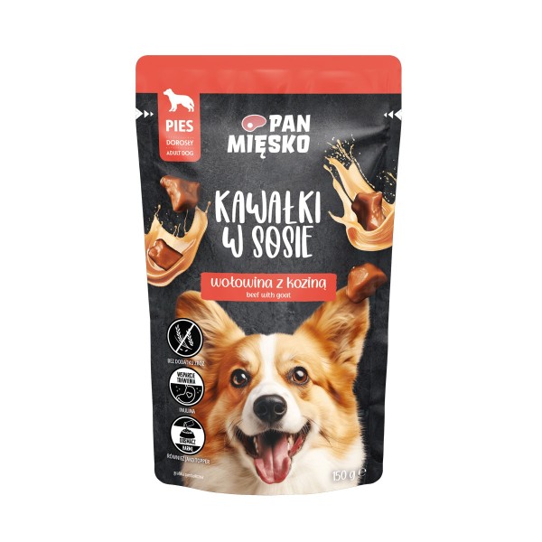 Karma mokra dla psa kawałki w sosie wołowina z koziną 150g PAN MIĘSKO