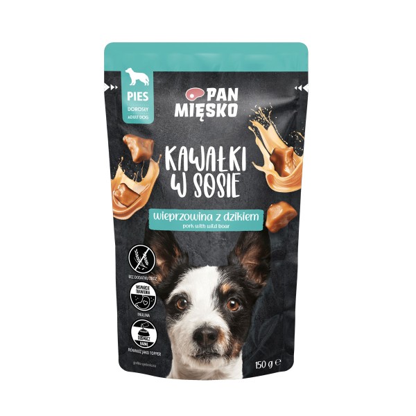 Karma mokra dla psa kawałki w sosie wieprzowina z dzikiem 150g PAN MIĘSKO