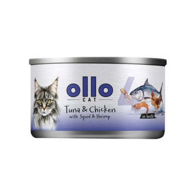 Ollo Cat Delikatesowa Karma Mokra z Tuńczykiem, Kurczakiem, Kałamarnicą i Krewetkami, 70g - Naturalna, Hipoalergiczna i Lekkostr