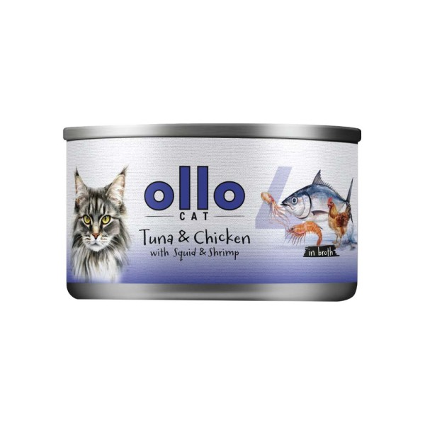Ollo Cat Delikatesowa Karma Mokra z Tuńczykiem, Kurczakiem, Kałamarnicą i Krewetkami, 70g - Naturalna, Hipoalergiczna i Lekkostr