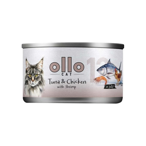 OLLO CAT nr 12 - Puszka 70g z Tuńczykiem, Kurczakiem i Krewetkami w Galaretce - Pełnowartościowa Karma dla Kotów