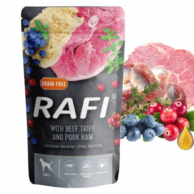 Saszetka dla psa RAFI z żołądkami wołowymi i szynką wiprzową 500g DOLINA NOTECI