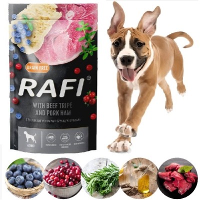 Saszetka dla psa RAFI z żołądkami wołowymi i szynką wiprzową 500g DOLINA NOTECI