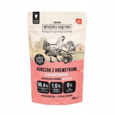 Wiejska zagroda karma mokra dla kota kurczak z krewetkami i walerianą 100g