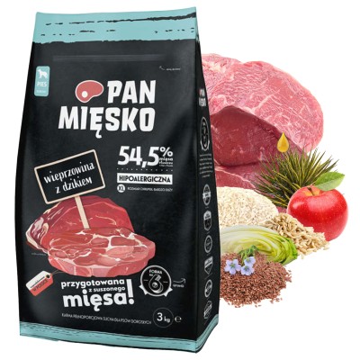 Karma sucha dla psa wieprzowina z dzikiem #XL 3kg PAN MIĘSKO