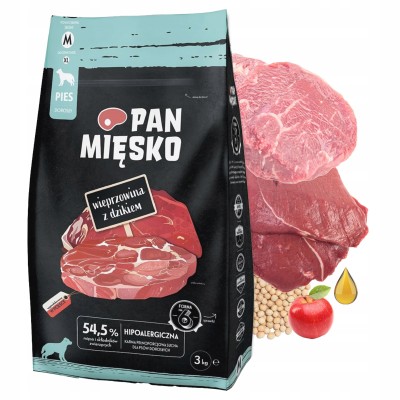 Karma sucha dla psa wieprzowina z dzikiem #XL 3kg PAN MIĘSKO
