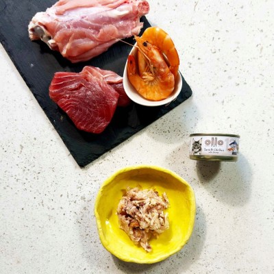 OLLO CAT nr 12 tuńczyk-kurczak-krewetka /galaretka/ puszka 70g SKŁAD KARMY