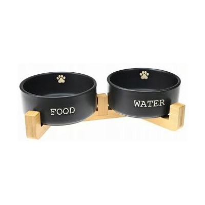 Miska ceramiczna podwójna na stojaku drewnianym czarna YARRO