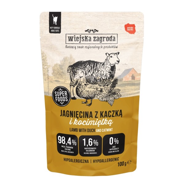 Wiejska zagroda karma dla kota jagnięcina z kaczką i kocimiętką 100g